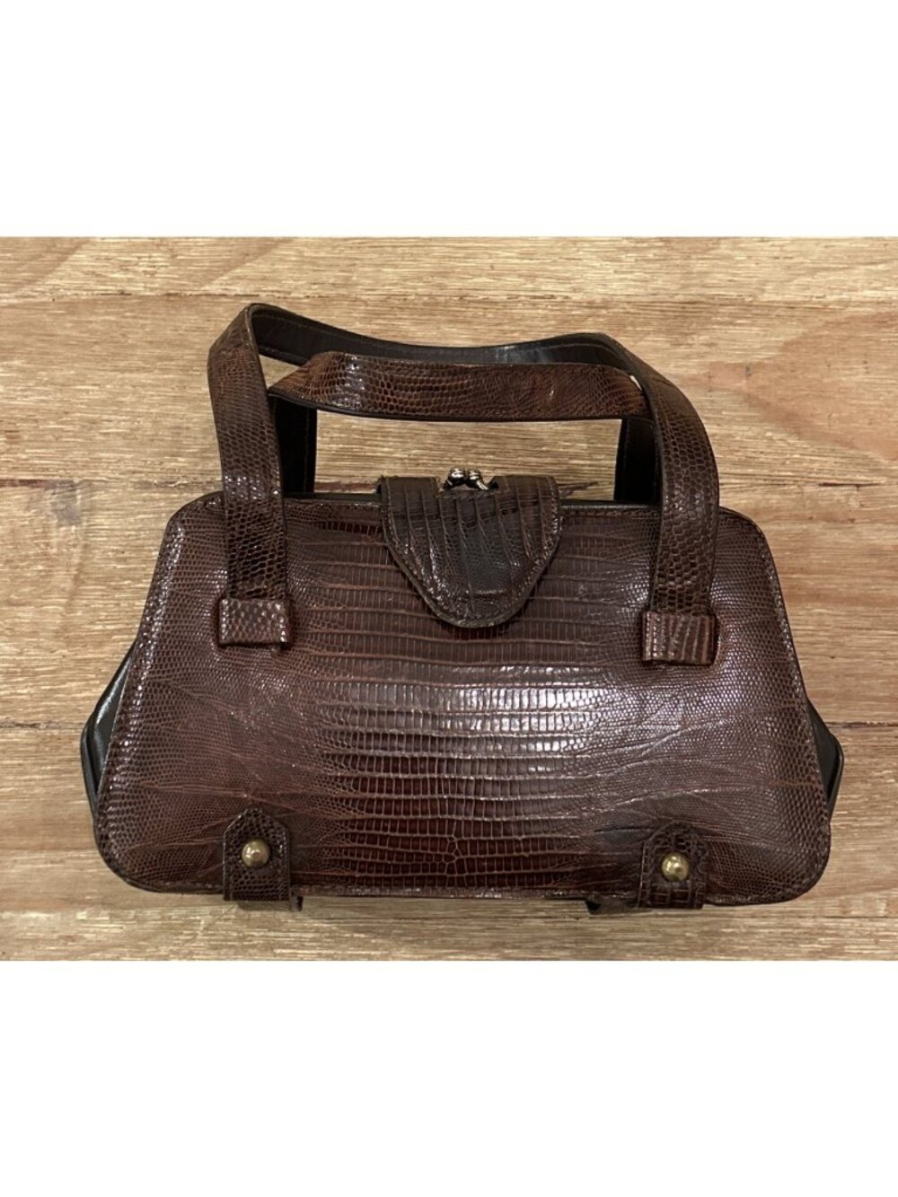 Vintage Dark Brown Lizard Reptile Frame Handbag 3 Compartment Kiss Lock 50s 60s